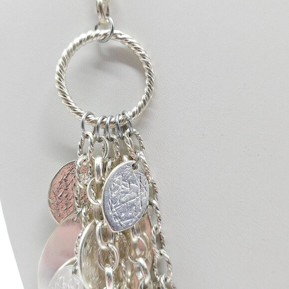 Multi Layer Silver Tone Statement Necklace With Chain Links Textured Leaf Charms - Picture 2 of 7